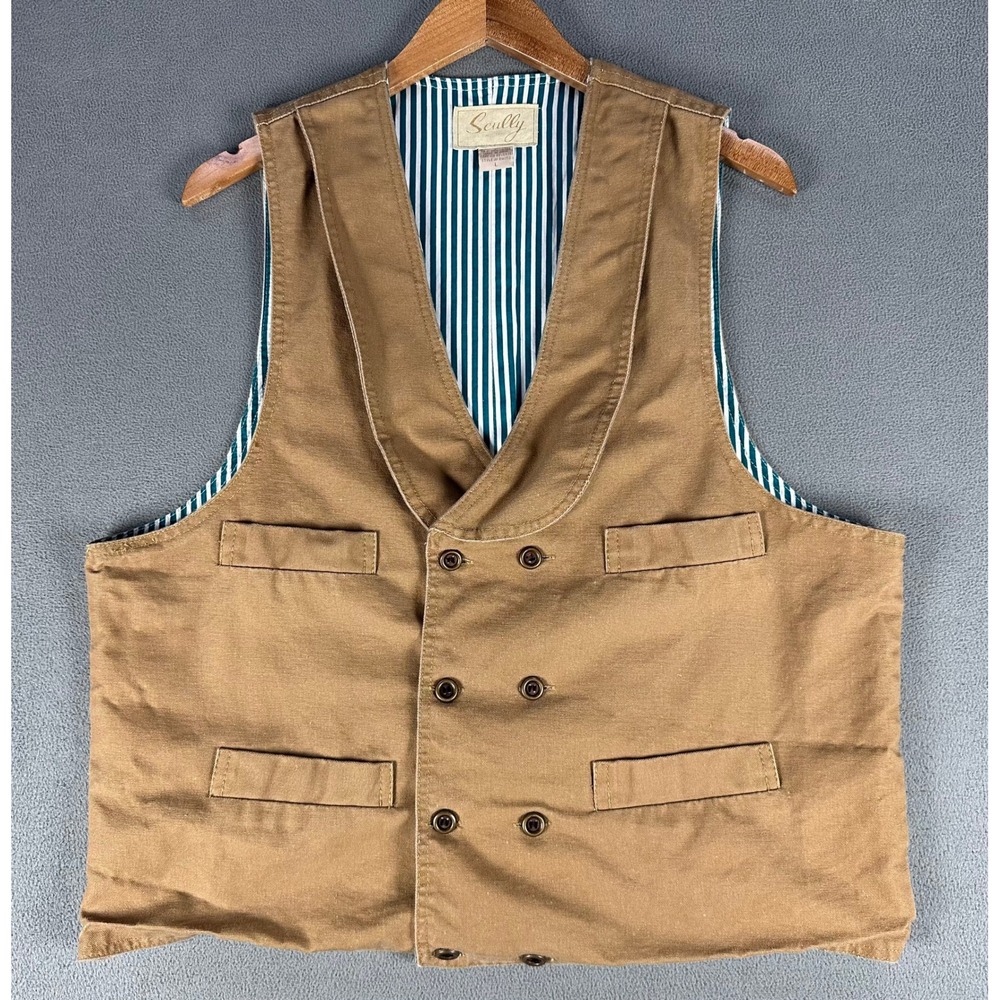 Scully Vest Mens Large Brown Canvas Double Breasted Western Cowboy Cinch Back